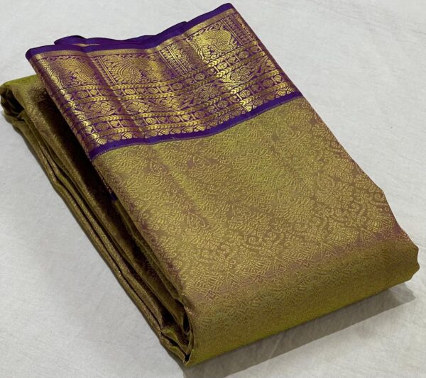 Olive Green Kanjivaram Silk Saree with Purple Border