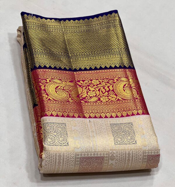 Kanchipuram Silk Saree with Cream Body and Dual-Color Border