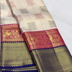 Kanchipuram Silk Saree with Cream Body and Dual-Color Border