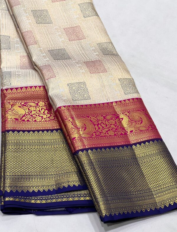 Kanchipuram Silk Saree with Cream Body and Dual-Color Border