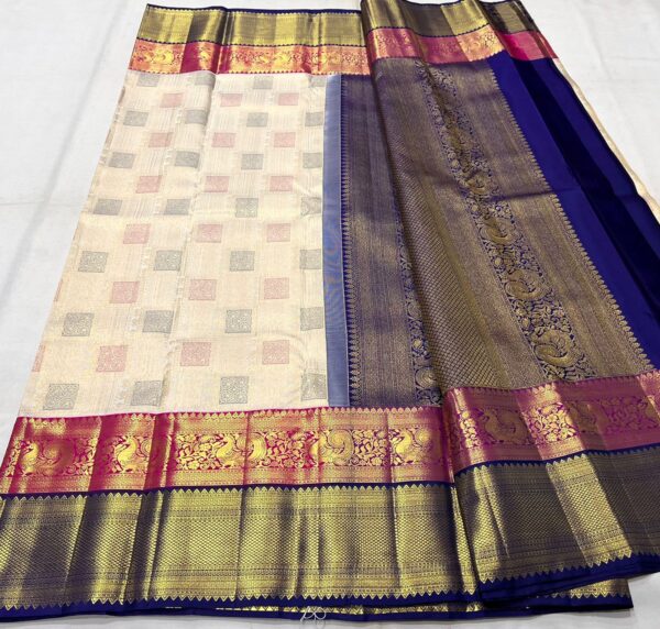 Kanchipuram Silk Saree with Cream Body and Dual-Color Border