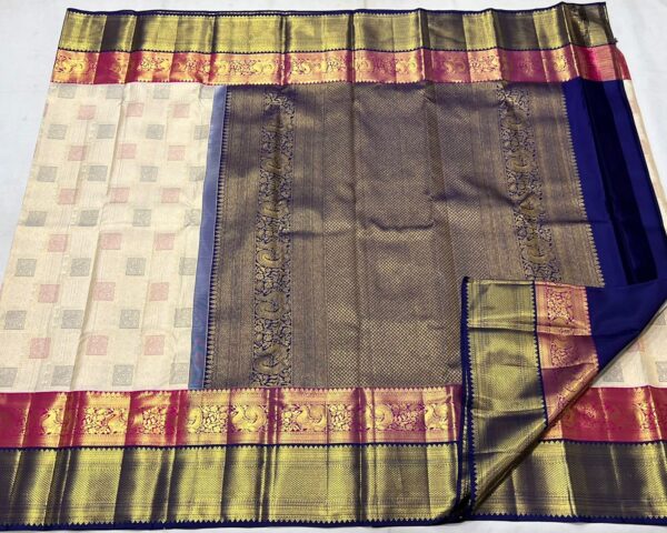 Kanchipuram Silk Saree with Cream Body and Dual-Color Border