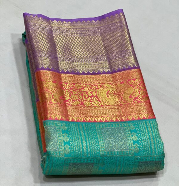 Kanchipuram Silk Saree in Turquoise with Dual-Color Border