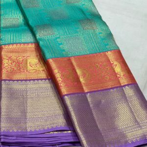 Kanchipuram Silk Saree in Turquoise with Dual-Color Border