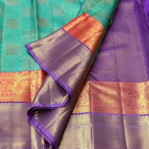 Kanchipuram Silk Saree in Turquoise with Dual-Color Border