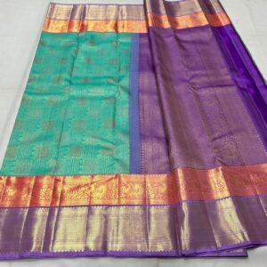 Kanchipuram Silk Saree in Turquoise with Dual-Color Border