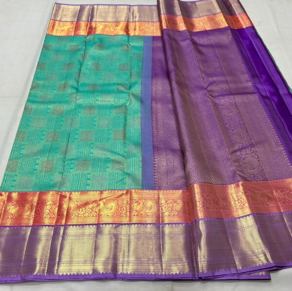 Kanchipuram Silk Saree in Turquoise with Dual-Color Border