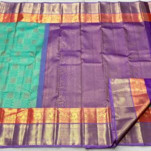 Kanchipuram Silk Saree in Turquoise with Dual-Color Border