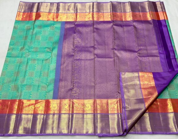 Kanchipuram Silk Saree in Turquoise with Dual-Color Border