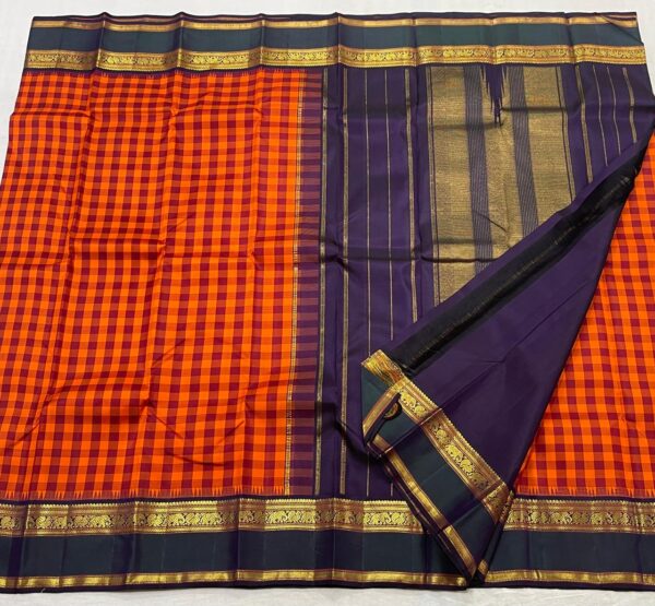 Kanjivaram Silk Saree in Orange with Dark Green Border