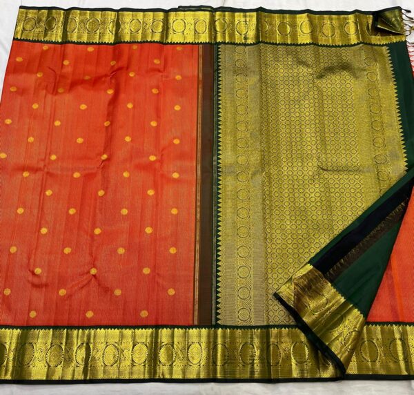 Kanjivaram Silk Saree in Orange and Bottle Green