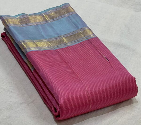 Kanjivaram Silk Saree in Baby Pink with Sky Blue Border