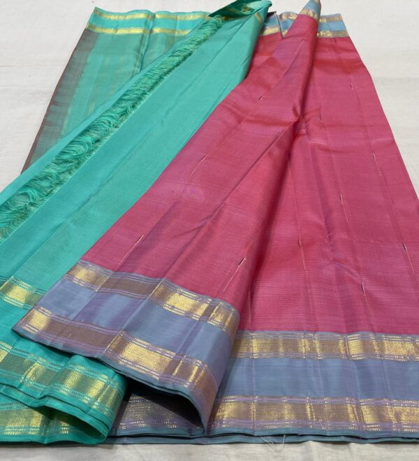 Kanjivaram Silk Saree in Baby Pink with Sky Blue Border