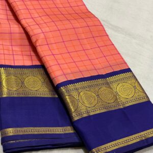 Coral and Blue Kanjivaram Silk Saree