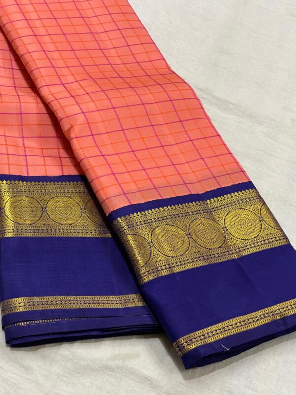 Coral and Blue Kanjivaram Silk Saree