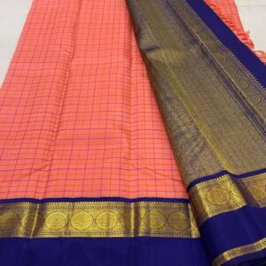 Coral and Blue Kanjivaram Silk Saree