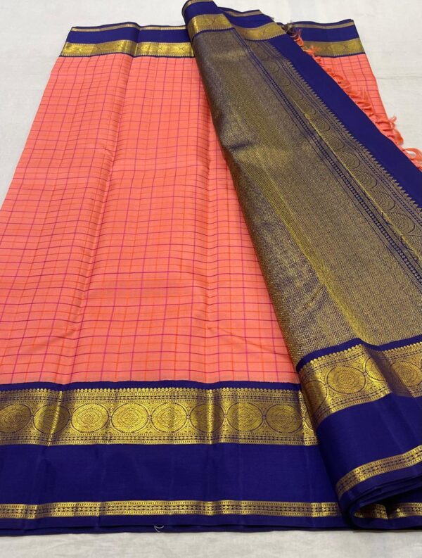 Coral and Blue Kanjivaram Silk Saree