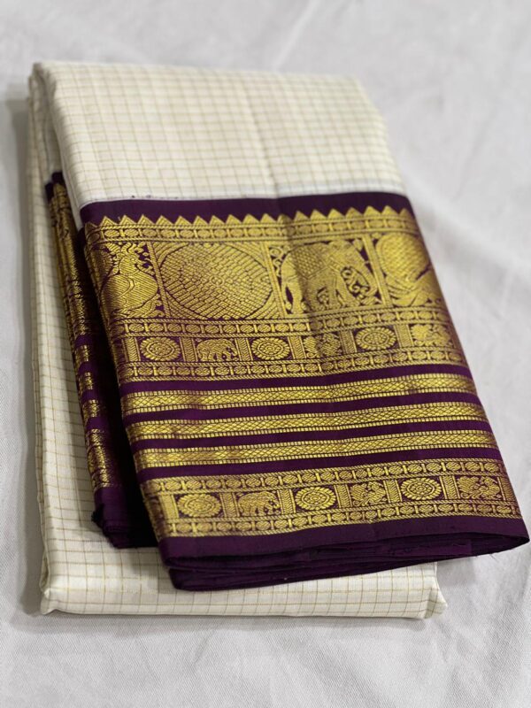 Kanjivaram Silk Saree in Off-White and Coffee Brown