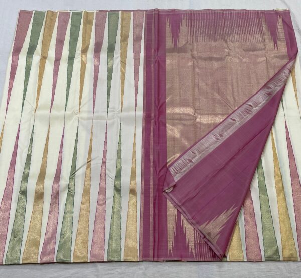 Kanjivaram Silk Saree in Cream with Multi-Color Temple Border