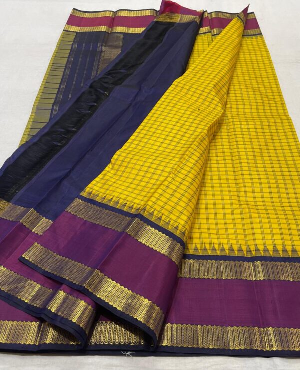 Kanjivaram Silk Saree in Mango Yellow and Purple