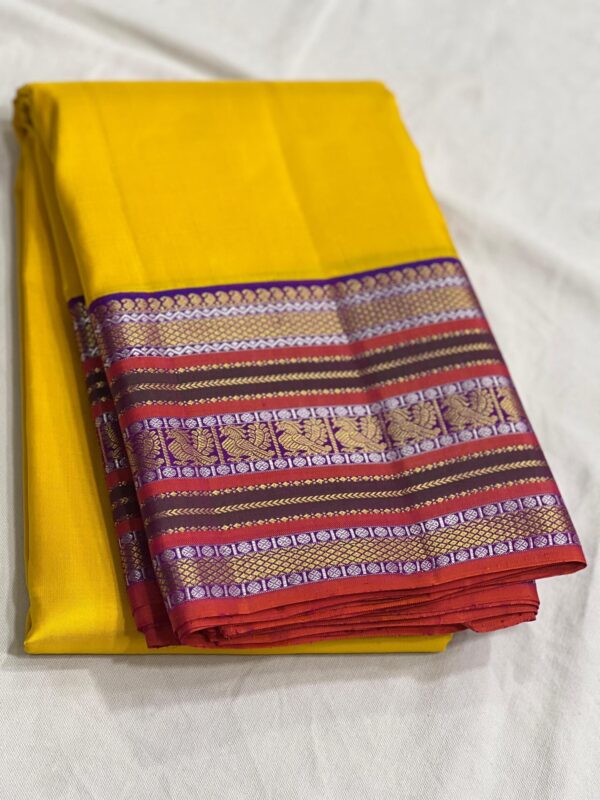 Kanjivaram Silk Saree in Mango Yellow with Multi-Color Border