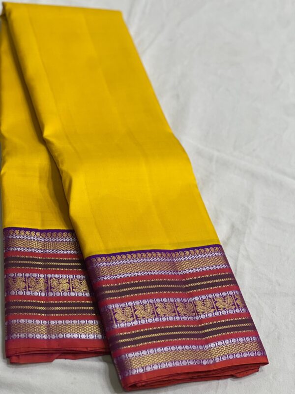 Kanjivaram Silk Saree in Mango Yellow with Multi-Color Border