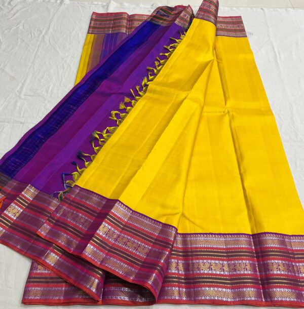 Kanjivaram Silk Saree in Mango Yellow with Multi-Color Border