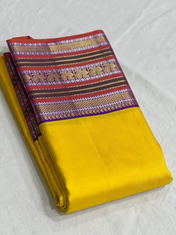 Kanjivaram Silk Saree in Mango Yellow with Multi-Color Border