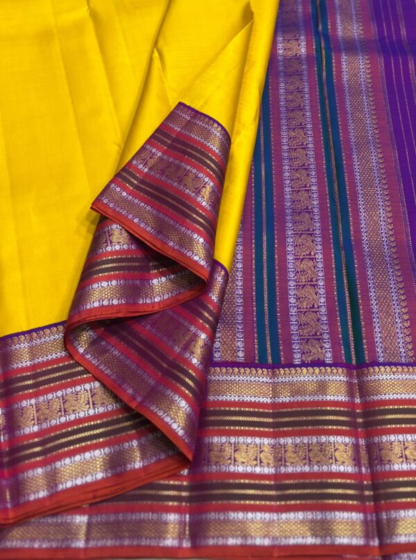 Kanjivaram Silk Saree in Mango Yellow with Multi-Color Border