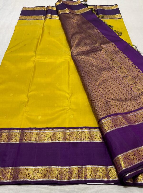 Yellow Kanjivaram Silk Saree Featuring a Purple Border