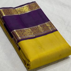 Yellow Kanjivaram Silk Saree Featuring a Purple Border