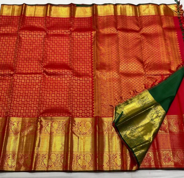 Red Kanjivaram silk saree in big border for wedding