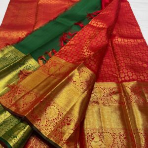 Red Kanjivaram silk saree in big border for wedding