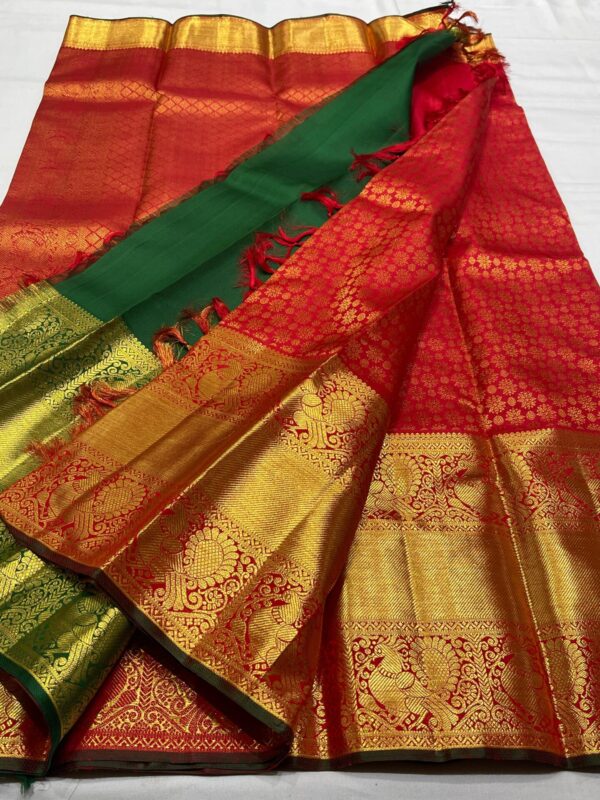 Red Kanjivaram silk saree in big border for wedding