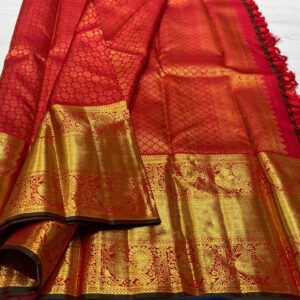 Red Kanjivaram silk saree in big border for wedding