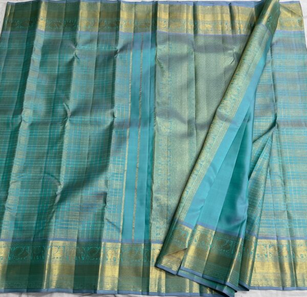 Kanjivaram Silk Saree in Self Aqua Blue with Gold Zari Brocade