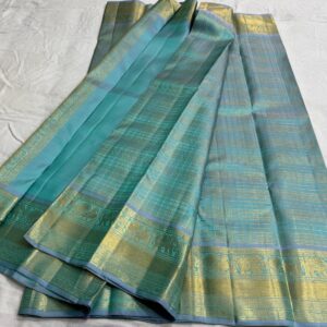 Kanjivaram Silk Saree in Self Aqua Blue with Gold Zari Brocade