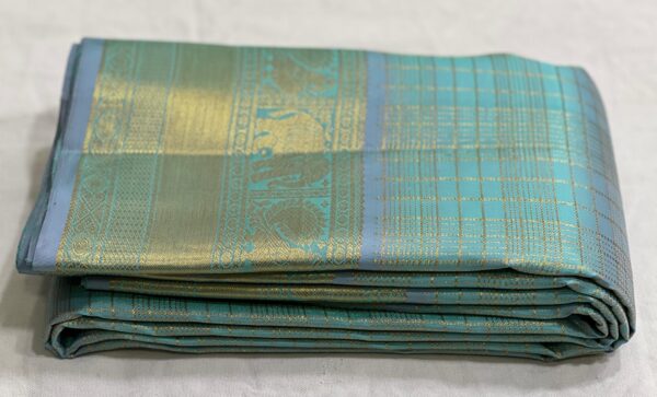 Kanjivaram Silk Saree in Self Aqua Blue with Gold Zari Brocade