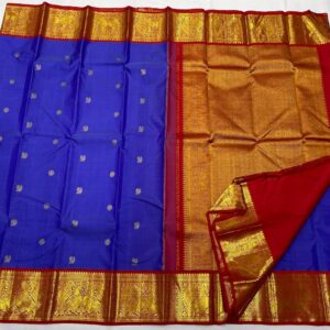 Kanjivaram Silk Saree in Blue and Red with Gold Zari Butta Design