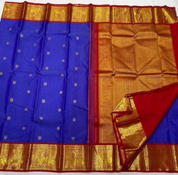 Kanjivaram Silk Saree in Blue and Red with Gold Zari Butta Design