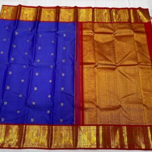 Kanjivaram Silk Saree in Blue and Red with Gold Zari Butta Design