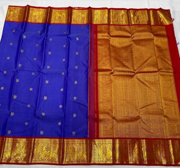 Kanjivaram Silk Saree in Blue and Red with Gold Zari Butta Design