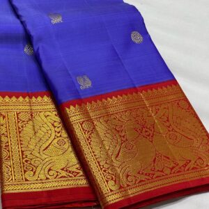 Kanjivaram Silk Saree in Blue and Red with Gold Zari Butta Design