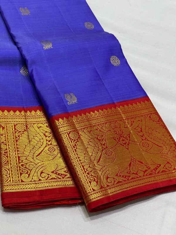 Kanjivaram Silk Saree in Blue and Red with Gold Zari Butta Design