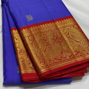 Kanjivaram Silk Saree in Blue and Red with Gold Zari Butta Design