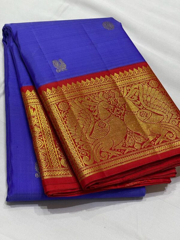 Kanjivaram Silk Saree in Blue and Red with Gold Zari Butta Design