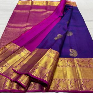 Royal Blue and Pink Kanjivaram Silk Saree with Gold Zari Butta