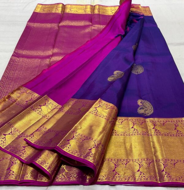 Royal Blue and Pink Kanjivaram Silk Saree with Gold Zari Butta