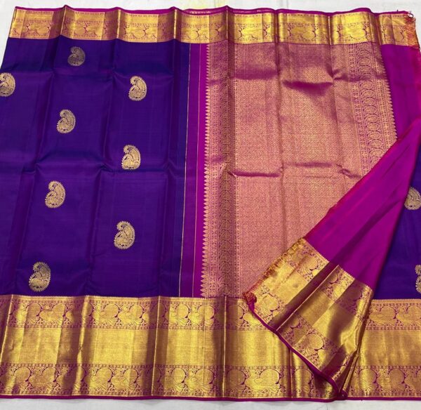 Royal Blue and Pink Kanjivaram Silk Saree with Gold Zari Butta