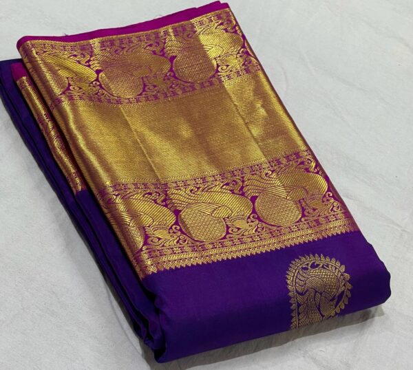 Royal Blue and Pink Kanjivaram Silk Saree with Gold Zari Butta